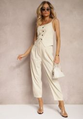 Jasnobeżowe Spodnie Paper Bag High Waist Zapinane na Suwak Nestabella. Brązowe spodnie materiałowe damskie Renee, bez wzorów, z jeansu. Za 89.99 zł.