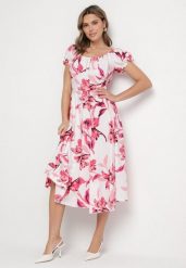 Jasnobeżowa Sukienka w Kwiaty z Dekoltem Łódką z Bawełną o Rozkloszowanym Kroju Annilva. Brązowe sukienki damskie Born2be, bez wzorów, z bawełny, eleganckie, bez ramiączek. Za 89.99 zł.
