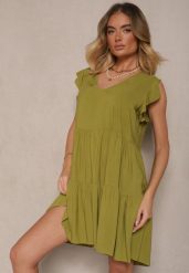 Zielona Bawełniana Sukienka Rozkloszowana z Falbankami Mirlio. Zielone sukienki damskie Renee, bez wzorów, z bawełny, eleganckie, bez ramiączek. W wyprzedaży za 39.99 zł.