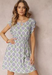 Zielono-Fioletowa Bawełniana Sukienka Mini w Mozaikowy Wzór z Gumką w Talii Fiyona. Zielone sukienki damskie Renee, bez wzorów, z bawełny, bez ramiączek. W wyprzedaży za 39.99 zł.