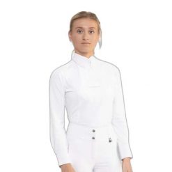 Damska koszula jeździecka z długim rękawem Premier Equine Tessa. Białe koszule damskie PREMIER EQUINE, bez wzorów, z materiału, eleganckie, bez kołnierzyka, bez ramiączek. Za 354.00 zł.