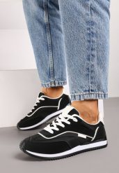Czarne Sneakersy na Płaskiej Podeszwie z Metalicznym Wykończeniem Zelmora. Czarne obuwie sportowe damskie Renee, z materiału, bez zapięcia. Za 79.99 zł.