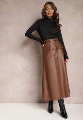 Brązowa Rozkloszowana Spódnica Midi z Imitacji Skóry z Kieszeniami z Klapą i Guzikami Maronna. Brązowe spódnice damskie Renee, l, bez wzorów, ze skóry, midi. Za 159.99 zł.