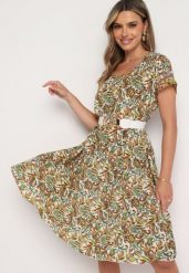 Beżowo-Zielona Wiskozowa Sukienka Rozkloszowana we Wzór Paisley Mastis. Brązowe sukienki damskie Born2be, bez wzorów, z wiskozy, eleganckie, bez ramiączek. Za 99.99 zł.