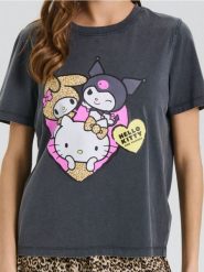 Koszulka z nadrukiem Hello Kitty - szary. Szare koszulki damskie Sinsay, l, bez wzorów, bez kołnierzyka, bez ramiączek. Za 39.99 zł.