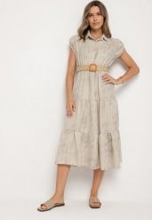 Jasnobeżowa Sukienka Ozdobiona Plecionym Paskiem i Guzikami Filianea. Brązowe sukienki damskie Born2be, bez wzorów, z jeansu, eleganckie, bez ramiączek. Za 159.99 zł.