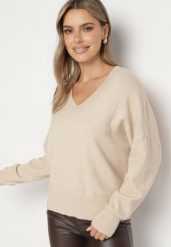Beżowy Sweter z Dekoltem w V z Domieszką Kaszmiru Mariara. Brązowe swetry klasyczne damskie Born2be, uniwersalny, z jeansu, bez kołnierzyka. Za 84.99 zł.