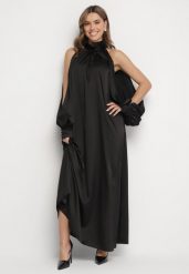 Czarna Sukienka z Satyny Ozdobiona Wiązaniem Solreti. Czarne sukienki damskie Born2be, z aplikacjami, z satyny, eleganckie, bez ramiączek. W wyprzedaży za 135.99 zł.