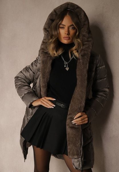 Szara Kurtka z Pikowanym Przeszyciami Wiązanym Paskiem i Kapturem z Futrem Fenida. Szare kurtki damskie Renee, l, bez wzorów, z dzianiny. Za 299.99 zł.