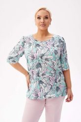 Bluzka Spring z krótkim rękawem i lekką bufką w kwiatowy wzór - kolory mięty, różu i bieli PLUS SIZE XXL. Czerwone bluzki damskie Moda Size Plus Iwanek, plus size, bez wzorów, z elastanu, biznesowe, bez kołnierzyka, plus size, bez ramiączek. Za 169.90 zł.
