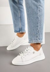 Białe Skórzane Sneakersy Zdobione Minimalistyczną Aplikacją Velotina. Białe obuwie sportowe damskie Renee, z jeansu, bez zapięcia. Za 159.99 zł.