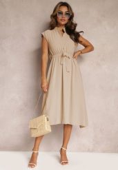 Beżowa Sukienka Midi z Guzikami i Materiałowym Paskiem Nylalik. Brązowe sukienki damskie Renee, bez wzorów, z materiału, bez ramiączek. W wyprzedaży za 75.99 zł.