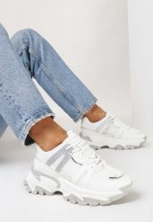 Białe Sneakersy na Grubej Podeszwie z Brokatem i Wstawkami Tensora. Białe obuwie sportowe damskie Born2be, bez zapięcia. Za 99.99 zł.