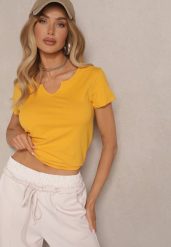 Żółty Bawełniany T-shirt Ozdobiony Guzikami Lisamaris. Żółte t-shirty damskie Renee, s, bez wzorów, z bawełny, bez kołnierzyka. Za 24.99 zł.