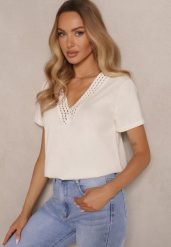 Beżowy Bawełniany T-shirt z Wiskozą i Ażurowym Wzorem Fenirea. Brązowe t-shirty damskie Renee, m, w ażurowe wzory, z bawełny, bez kołnierzyka. Za 69.99 zł.