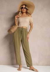 Ciemnozielone Spodnie z Troczkiem w Pasie Kiolia. Zielone spodnie materiałowe damskie Renee, bez wzorów, z jeansu. Za 39.99 zł.