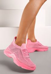 Fuksjowe Sneakersy na Płaskiej Podeszwie Ozdobione Cyrkoniami i Wykończone Perforacją Quilila. Czerwone obuwie sportowe damskie Renee, na lato, bez zapięcia, trekkingowe. Za 59.99 zł.