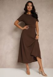 Brązowa Sukienka o Rozkloszowanym Kroju z Ozdobnym Paskiem Desiliena. Brązowe sukienki damskie Renee, bez wzorów, z denimu, eleganckie, bez ramiączek. W wyprzedaży za 99.99 zł.