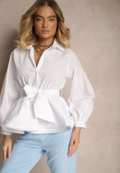 Biała Koszula Wiązana w Talii Paskiem Laniviel. Białe koszule damskie Renee, bez wzorów, bez kołnierzyka, bez ramiączek. Za 119.99 zł.