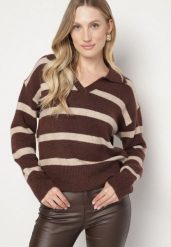 Brązowy Sweter w Paski z Wełną i Dekoltem z Kołnierzykiem Tevana. Brązowe swetry klasyczne damskie Born2be, uniwersalny, z dzianiny, bez kołnierzyka. Za 149.99 zł.