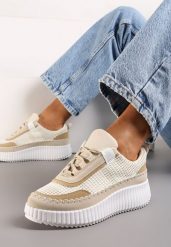 Beżowe Sneakersy na Platformie Ozdobione Tweedowymi Wstawkami i Cyrkoniami Eganna. Brązowe obuwie sportowe damskie Renee, bez zapięcia. Za 79.99 zł.