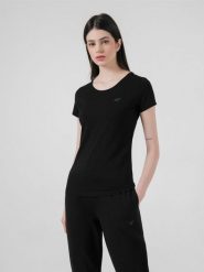 4F T-shirt slim gładki damski M. Czarne t-shirty damskie 4F, m, bez wzorów, z bawełny, bez kołnierzyka. W wyprzedaży za 39.99 zł.