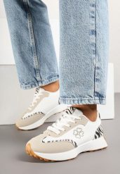 Beżowo-Białe Sneakersy z Zeberkowym Zdobieniami i Delikatnym Haftem Alisella. Brązowe obuwie sportowe damskie Renee, z jeansu, bez zapięcia. Za 89.99 zł.