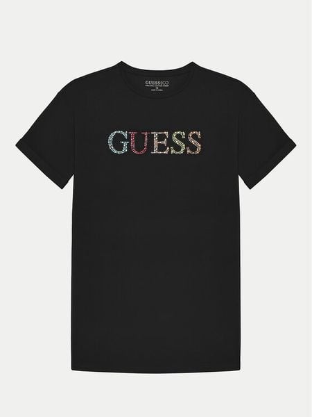 Guess T-Shirt J5GI38 J1314 Czarny Regular Fit. Czarne koszulki i t-shirty dziewczęce Guess, z aplikacjami, z bawełny, bez kołnierzyka, bez ramiączek. Za 69.99 zł.