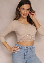 Beżowa Krótka Bluzka z Koronkowym Dołem Camiah. Brązowe bluzki damskie Renee, bez wzorów, z bawełny, eleganckie, bez kołnierzyka, bez ramiączek. Za 59.99 zł.