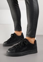 Czarne Sneakersy z Tłoczeniami na Nosku Zdobione Cyrkoniami Jadefesa. Czarne obuwie sportowe damskie Born2be, z dzianiny, bez zapięcia. Za 109.99 zł.