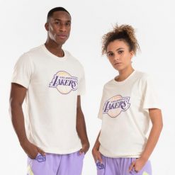 Koszulka do gry w koszykówkę unisex Tarmak NBA Lakers TS 900. Białe bluzki damskie TARMAK, m, bez wzorów, z bawełny, sportowe, bez kołnierzyka, bez ramiączek. Za 79.99 zł.