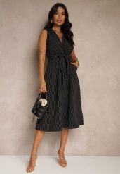 Czarna Koszulowa Sukienka Bez Rękawów z Wiązanym Paskiem Lideene. Czarne sukienki damskie Renee, bez wzorów, eleganckie, bez ramiączek. W wyprzedaży za 99.99 zł.