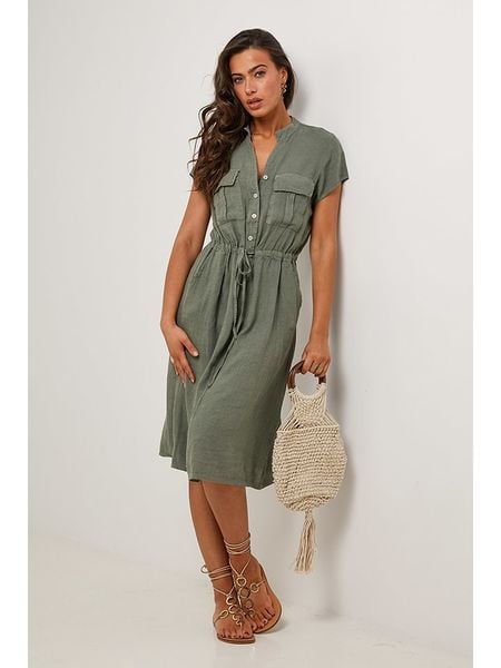 Le Monde du Lin Lniana sukienka w kolorze khaki rozmiar: 36/38. Brązowe sukienki damskie Le Monde du Lin, bez wzorów, ze lnu, klasyczne, bez ramiączek. Za 132.05 zł.