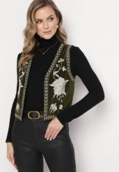 Ciemnozielona Welurowa Kamizelka z Ozdobnymi Haftami i Koralikami Hillse. Zielone kamizelki damskie Born2be, s, bez wzorów, z weluru, bez kaptura. Za 129.99 zł.