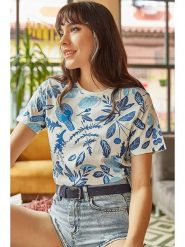 Olalook Koszulka w kolorze kremowo-niebieskim rozmiar: L. Brązowe koszulki damskie Olalook, l, bez wzorów, z bawełny, bez kołnierzyka, bez ramiączek. Za 48.39 zł.