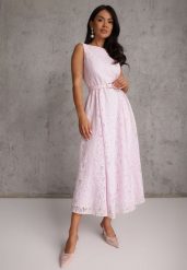 Różowa Koktajlowa Sukienka z Koronki z Bawełną i Wiskozą Ozdobiona Paskiem Chaleite. Czerwone sukienki damskie Renee, bez wzorów, z bawełny, eleganckie, bez ramiączek. Za 259.99 zł.