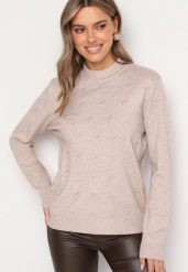Jasnobeżowy Sweter o Klasycznym Fasonie z Ozdobnymi Cyrkoniami Irithra. Brązowe swetry klasyczne damskie Born2be, bez kołnierzyka. Za 64.99 zł.