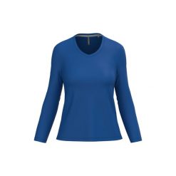 Damska koszulka z długim rękawem i dekoltem w serek Kariban. Niebieskie koszulki damskie KARIBAN, bez wzorów, bez kołnierzyka, bez ramiączek. Za 119.50 zł.