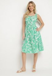 Zielona Bawełniana Sukienka Rozkloszowana Ozdobiona Guzikami Lisavena. Zielone sukienki damskie Born2be, bez wzorów, z bawełny, eleganckie, bez ramiączek. Za 69.99 zł.