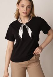 Czarny T-shirt z Bawełny w Klasycznym Stylu z Apaszką Bluestel. Czarne t-shirty damskie Born2be, l, bez wzorów, z bawełny, bez kołnierzyka. Za 69.99 zł.