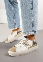 Ciemnobeżowe Sneakersy na Grubej Podeszwie Zdobione Brokatem Felthara. Brązowe obuwie sportowe damskie Born2be, z jeansu, bez zapięcia. Za 89.99 zł.