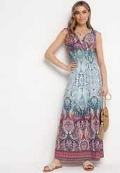 Jasnoniebieska Sukienka Boho na Lato ze Sznurkami na Ramionach i Gumką w Talii Aharleta. Niebieskie sukienki damskie Born2be, bez wzorów, boho, bez ramiączek. Za 79.99 zł.