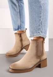 Beżowe Botki Typu Sztyblety z Ekozamszu na Obcasie Ellavia. Brązowe botki damskie Renee, z jeansu, eleganckie, bez obcasa, na obcasie, bez zapięcia. Za 159.99 zł.