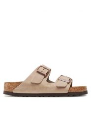Birkenstock Klapki Arizona Bs 552813 Beżowy. Brązowe klapki damskie Birkenstock, bez wzorów, z nubiku, bez obcasa, bez zapięcia. Za 599.99 zł.
