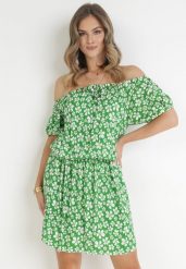 Zielona Rozkloszowana Sukienka Mini z Hiszpańskim Dekoltem i Gumką w Talii z Wiskozy Jassinta. Zielone sukienki damskie Born2be, bez wzorów, z wiskozy, bez ramiączek. Za 89.99 zł.