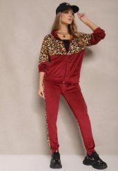 Bordowy Komplet Dresowy z Weluru z Panterką Bluza i Spodnie Koriviella. Czerwone bluzy damskie Renee, m, z aplikacjami, z dresówki, bez kaptura. Za 69.99 zł.
