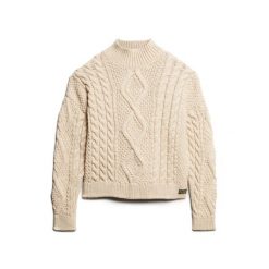 Damski sweter polo z dzianiny Superdry Aran Cable. Białe swetry klasyczne damskie Superdry, na zimę, z dzianiny, bez kołnierzyka. Za 398.00 zł.