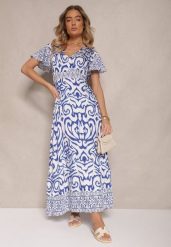 Niebieska Rozkloszowana Sukienka Zdobiona Ornamentalnym Printem Tillinelle. Niebieskie sukienki damskie Renee, z aplikacjami, eleganckie, bez ramiączek. W wyprzedaży za 67.99 zł.