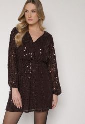 Brązowa Cekinowa Sukienka o Rozkloszowanym Kroju z Długimi Rękawami Reira. Brązowe sukienki damskie Born2be, bez wzorów, z poliesteru, eleganckie, bez ramiączek. Za 169.99 zł.