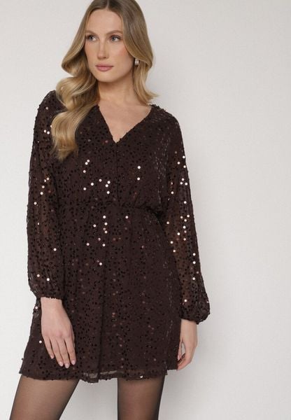 Brązowa Cekinowa Sukienka o Rozkloszowanym Kroju z Długimi Rękawami Reira. Brązowe sukienki damskie Born2be, bez wzorów, z poliesteru, eleganckie, bez ramiączek. Za 169.99 zł.
